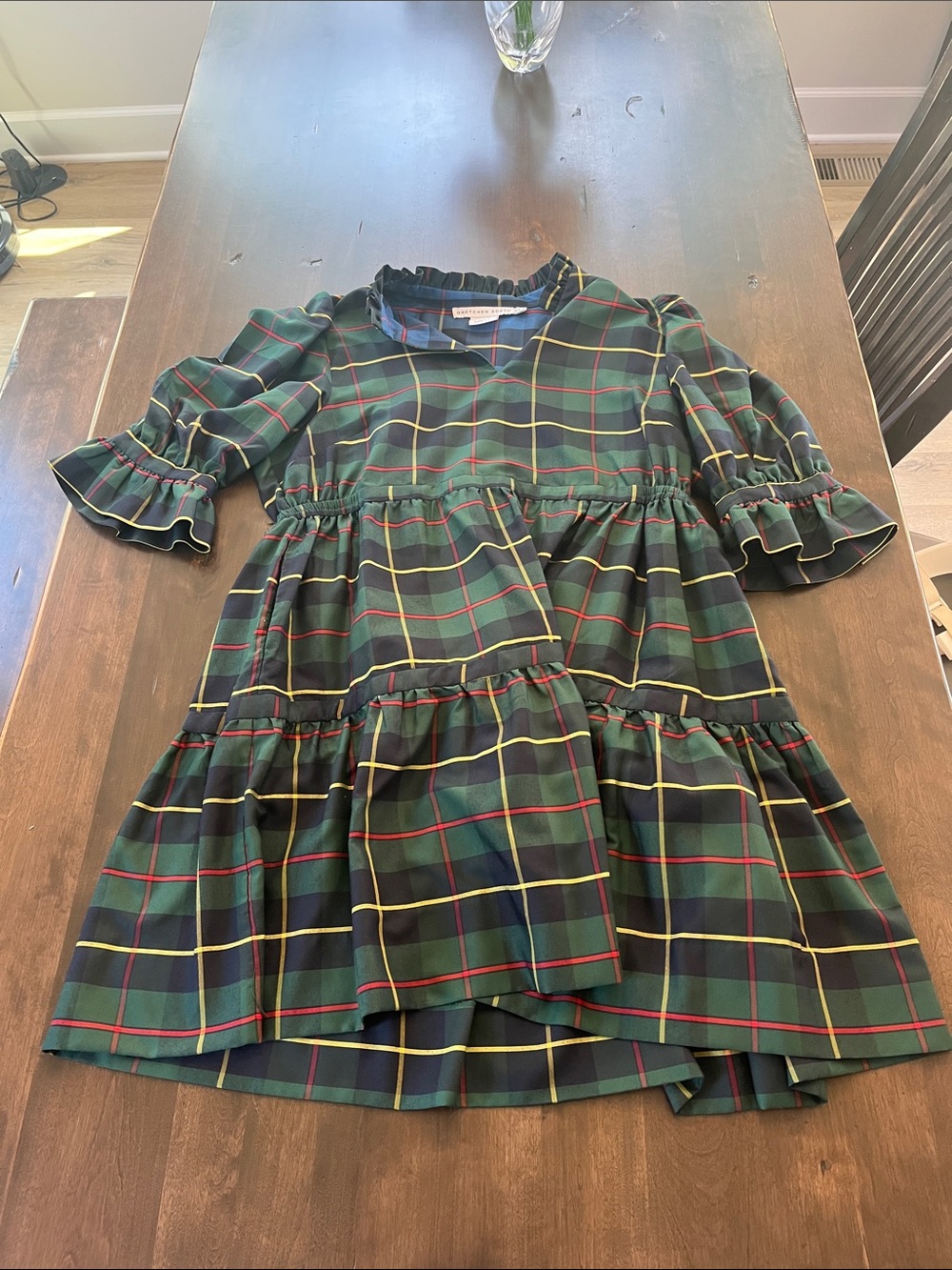 Women- Gretchen Scott Green Plaid Ruffle Tiered Dress